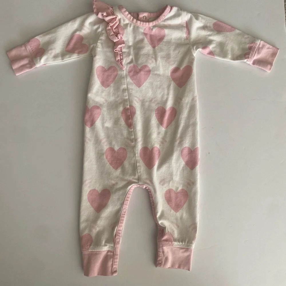 Monica & Andy Pink Heart Kids One Piece Jumper Ruffle Detailing 6-9months